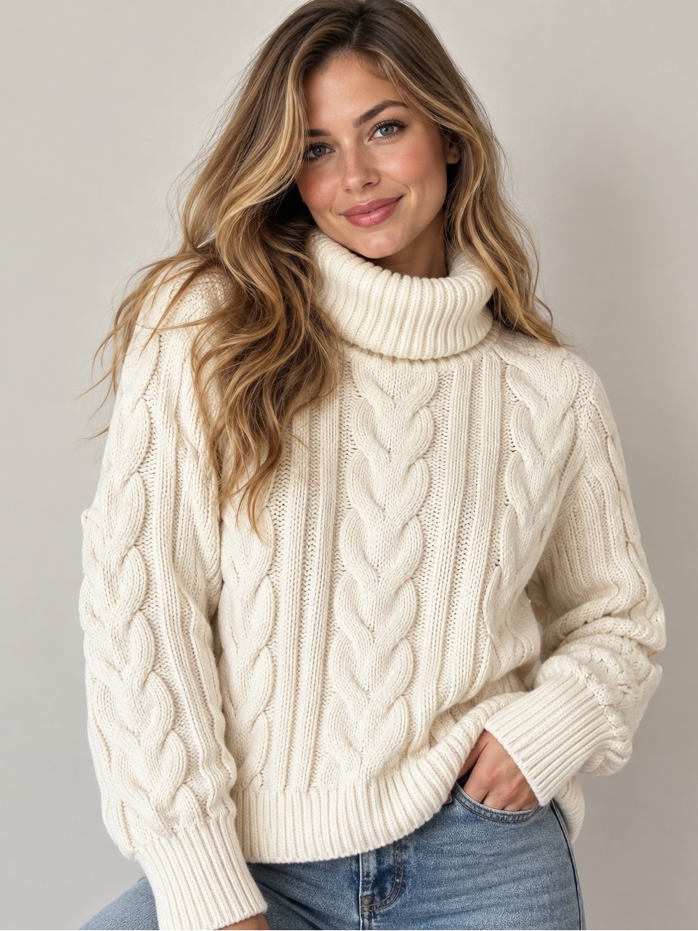Banana Republic Cable Knit Turtleneck Sweater Ivory Cream XS Cotton Wool